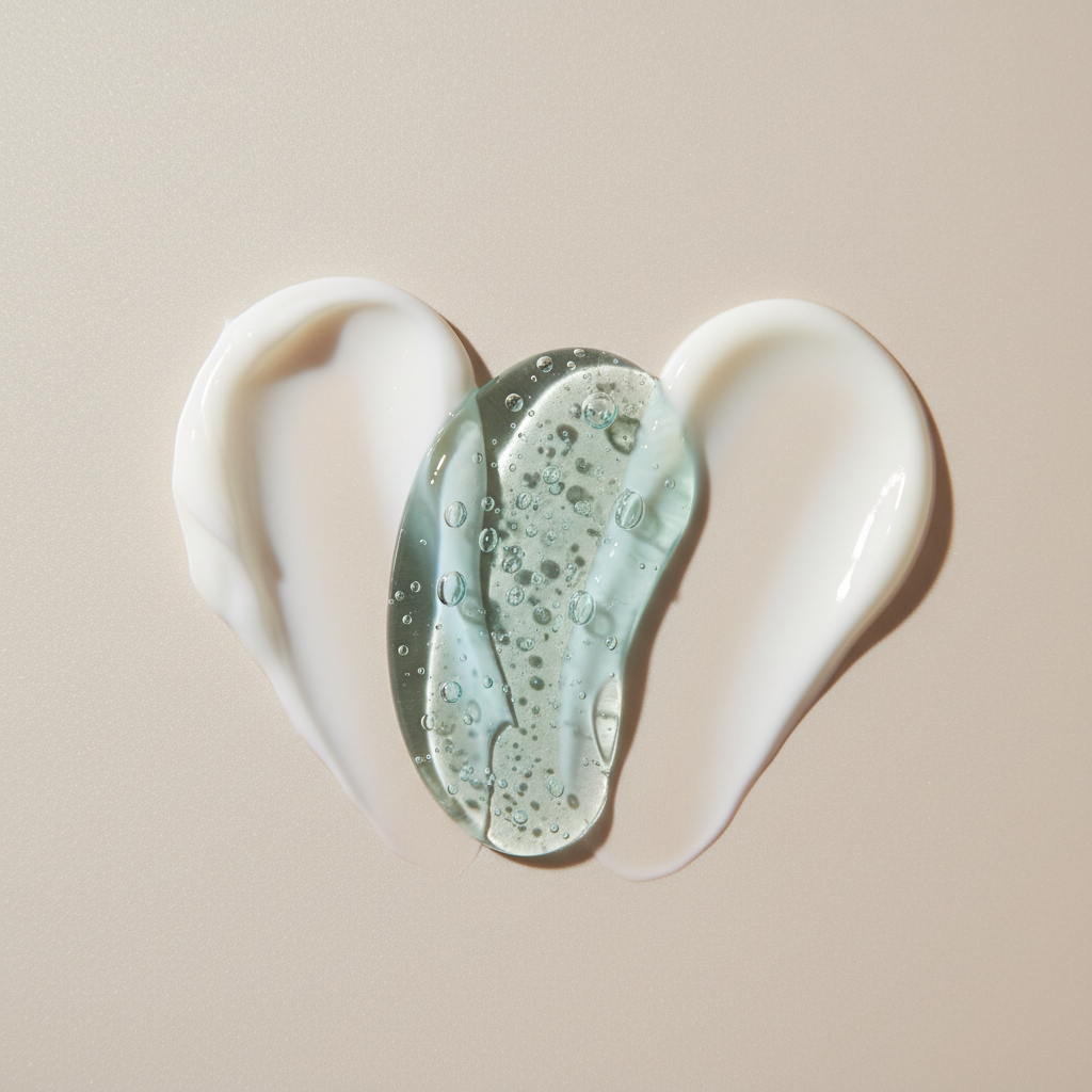 A close-up of three distinct skincare textures spread in smooth, overlapping swatches on a satin-finished, pale beige background: a silky white cream with soft peaks, a translucent gel with tiny suspended bubbles, and a lightweight lotion with a semi-matte sheen. The lighting is soft studio light from above, creating subtle highlights on the glossy surfaces and delicate shadows at the edges of each swatch. The photographic composition uses a tight, centered framing with shallow depth of field, emphasizing the textures and consistency differences. The mood is scientific yet luxurious, with a clean, modern aesthetic that supports professional dermatological explanations about product types and their functions for different skin needs.